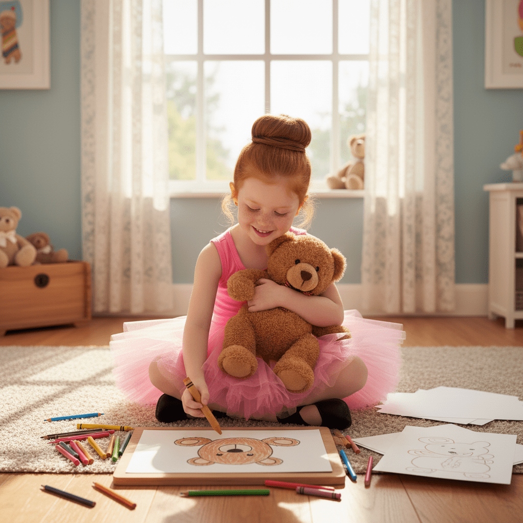 Young girl in a pink dress holding a teddy bear while coloring in a room with toys and a window.