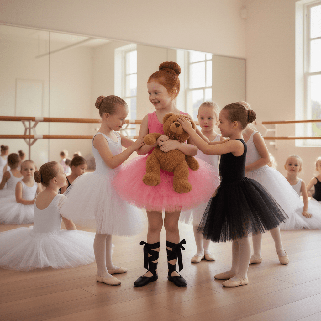 Young ballet dancers in a studio with one holding a teddy bear