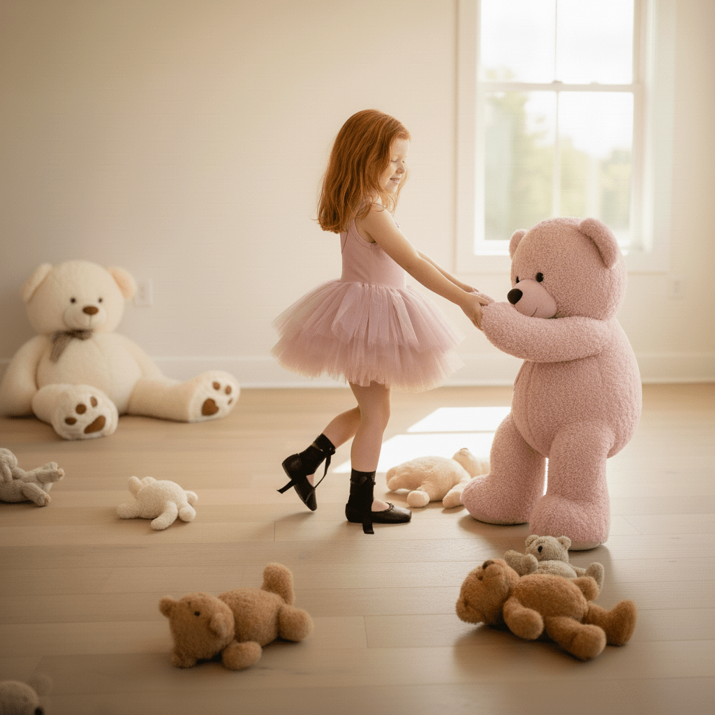 Young girl in a pink dress interacting with a large teddy bear in a room filled with teddy bears.