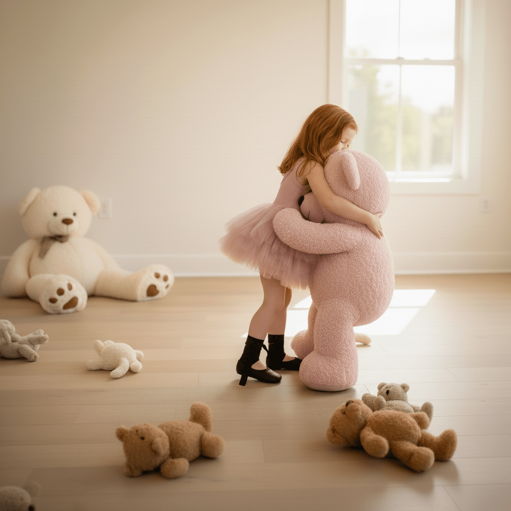Woman hugging a large pink teddy bear in a room with other teddy bears on the floor.