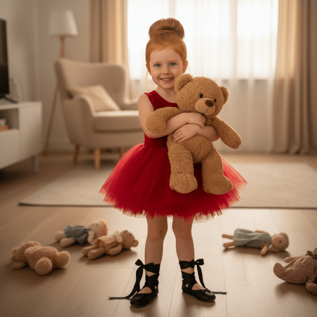 Young girl in a red dress holding a teddy bear in a room with toys on the floor.