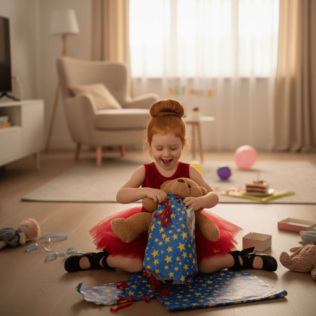 Young girl playing with teddy bear and colorful dress on a rug in a living room.