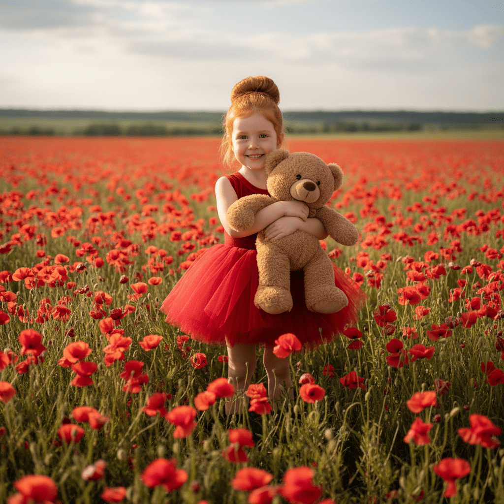 Young girl in a red dress holding a teddy bear in a field of red flowers.