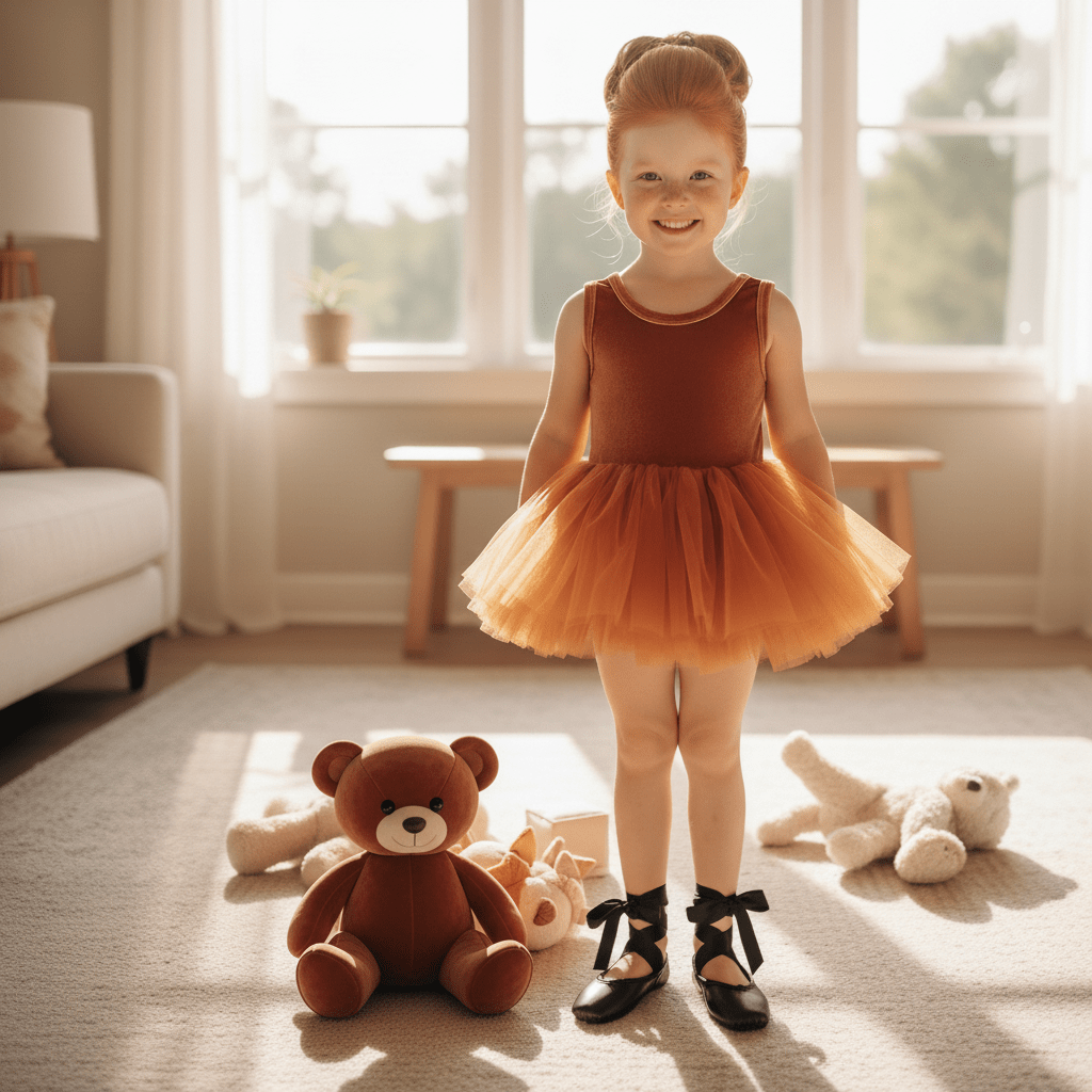 Young girl in a tutu standing in a sunlit room with teddy bears on the floor.