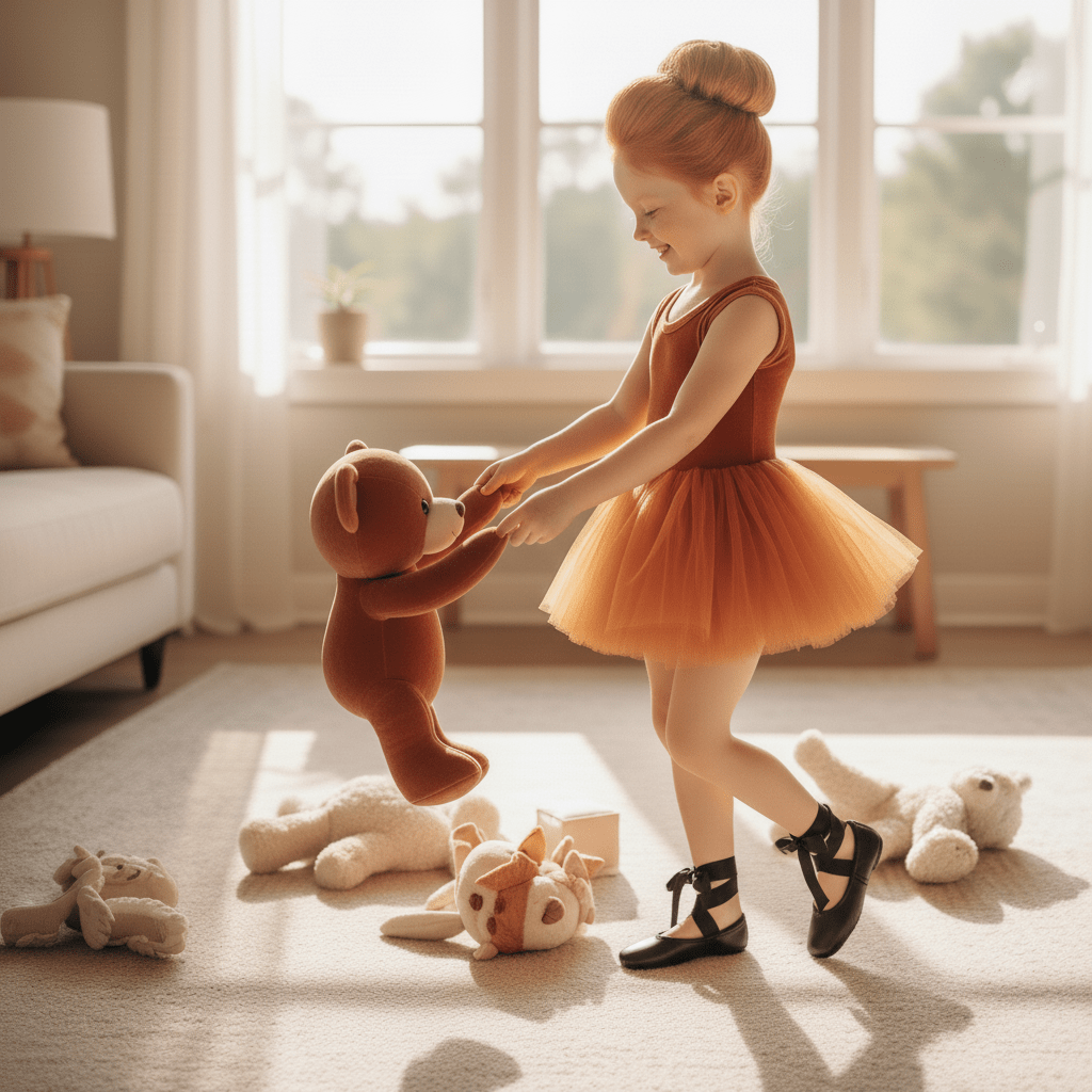 Young girl in a tutu playing with stuffed animals in a sunlit room