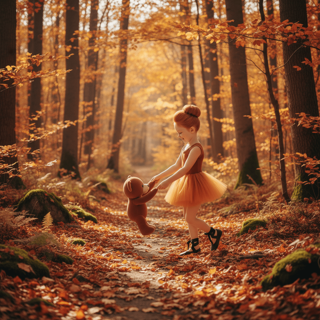 Child in a tutu holding a teddy bear in a forest with autumn foliage