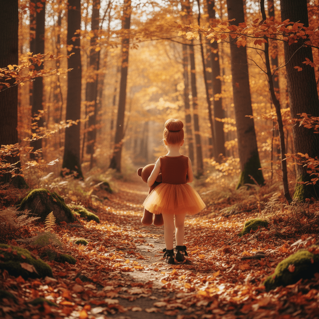 Child in a pink dress walking through a forest with autumn leaves