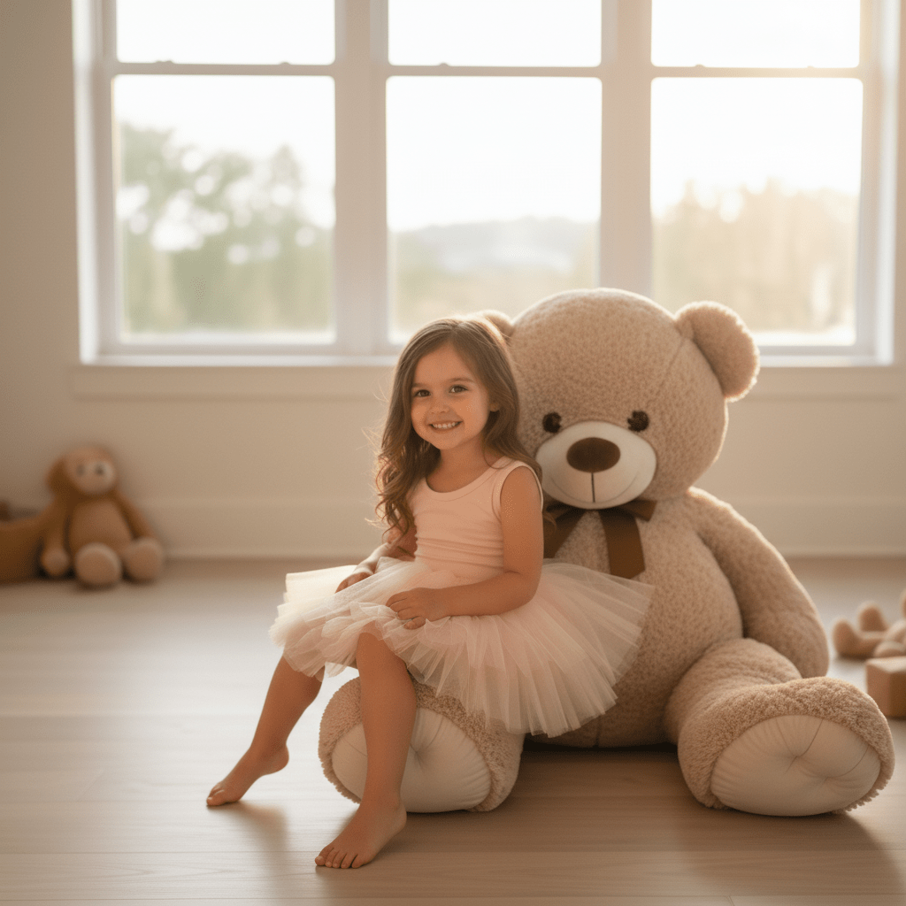 Young girl in a tutu sitting on a large teddy bear in a softly lit room.