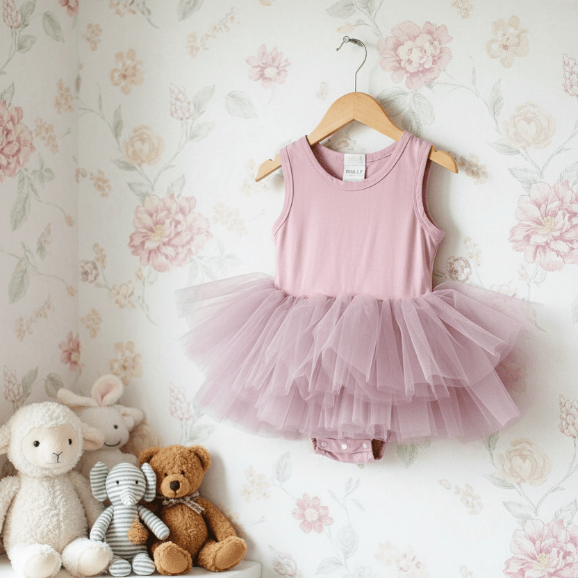 Pink tutu dress on a hanger with stuffed toys against a floral wallpaper background