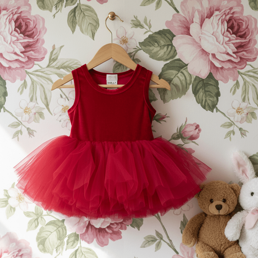 Red dress on a hanger with floral wallpaper and stuffed toys in the background