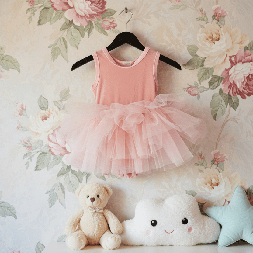 Pink tutu dress on a hanger with plush toys and a floral wall background