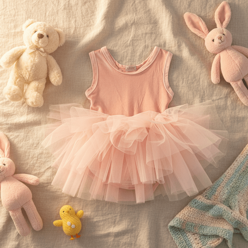 Pink tutu dress with teddy bears and a rabbit on a soft surface