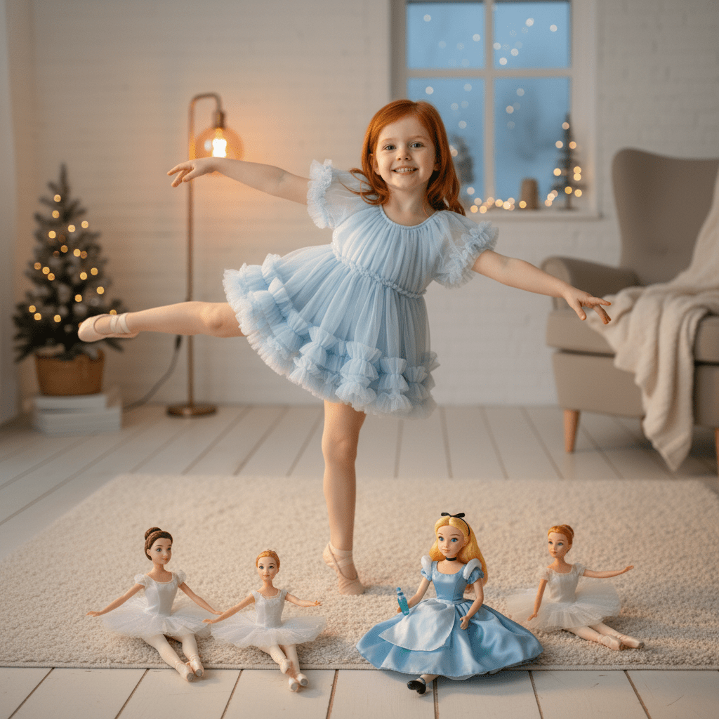 Young girl in a blue dress posing with ballerina dolls in a cozy room.