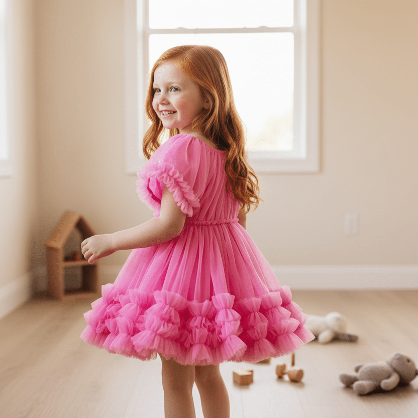 Young girl in a pink dress standing in a room with light-colored walls and wooden floor.