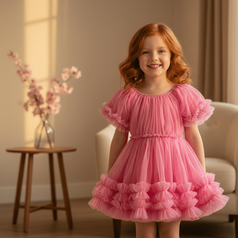 Young girl in a pink dress standing in a room with a vase of flowers on a table.
