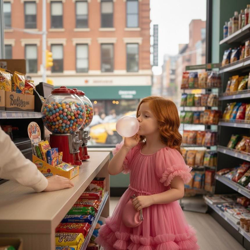 Young girl in a pink dress blowing a bubble in a candy store with a gumball machine and snacks around.