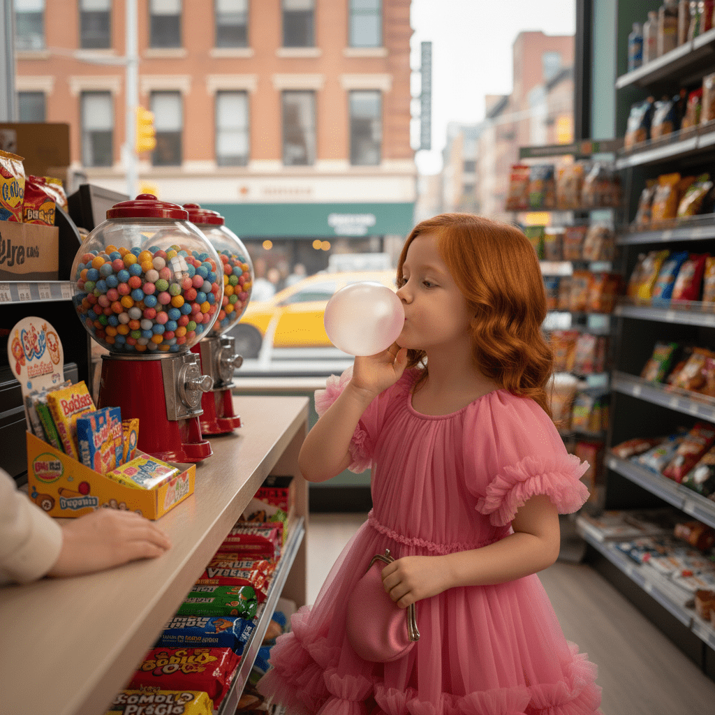 Young girl in a pink dress blowing a bubble with gum in a candy store.