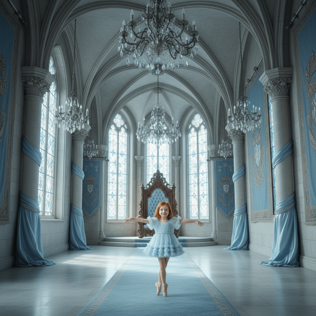 Woman in a blue dress dancing in a grand hall with chandeliers and large windows.