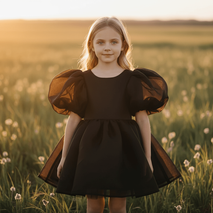 Young girl in a black dress with sheer puff sleeves standing in a field of flowers.