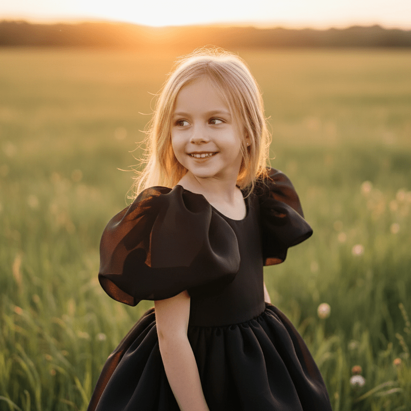 Young girl in a black dress standing in a field with a sunset background