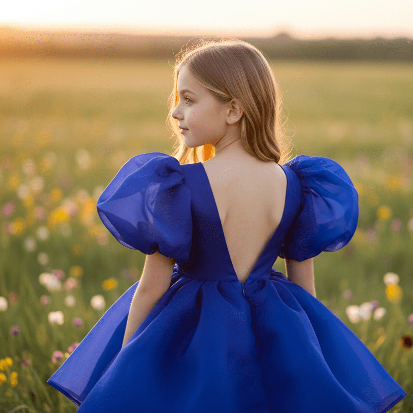 Young girl in a blue dress standing in a field of flowers
