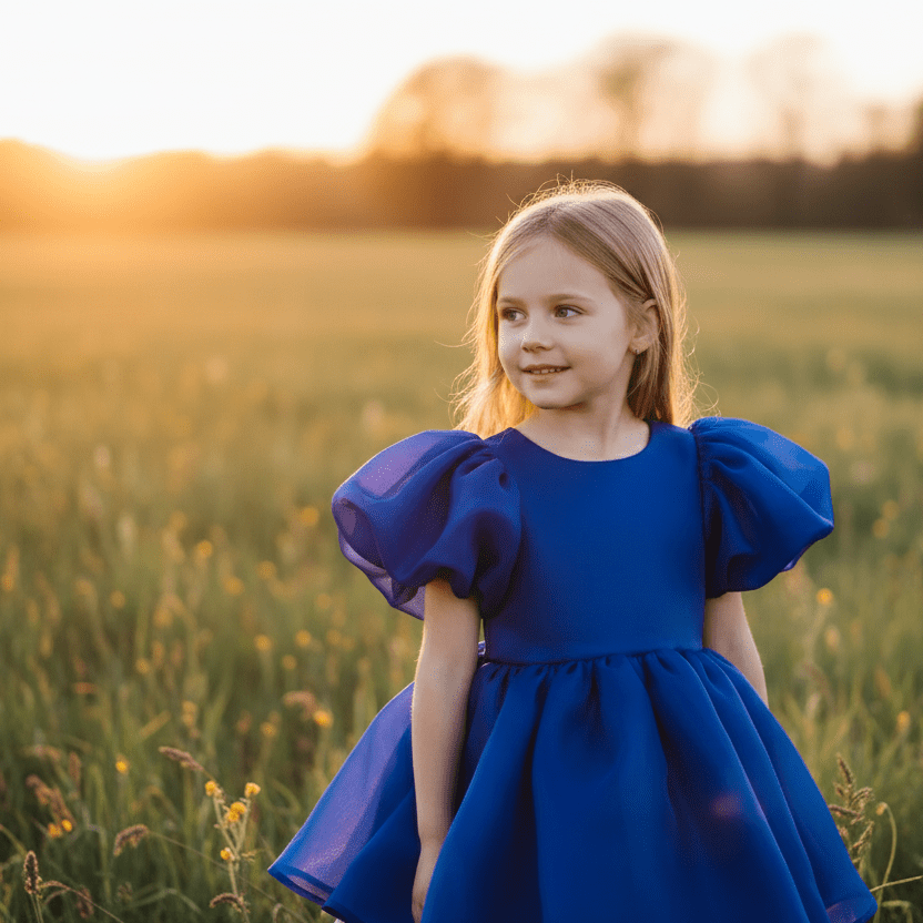 Young girl in a blue dress standing in a field with sunset lighting