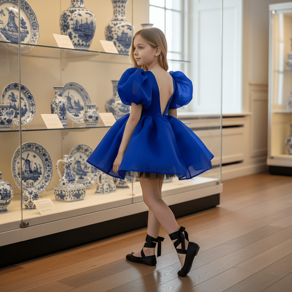 Young girl in a blue dress standing in front of a display case with decorative plates and vases.