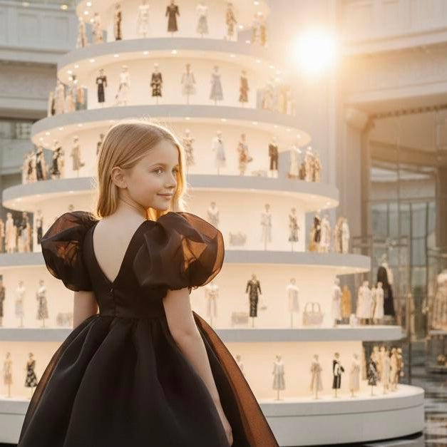 Young girl in a black dress standing in front of a display of small figures.