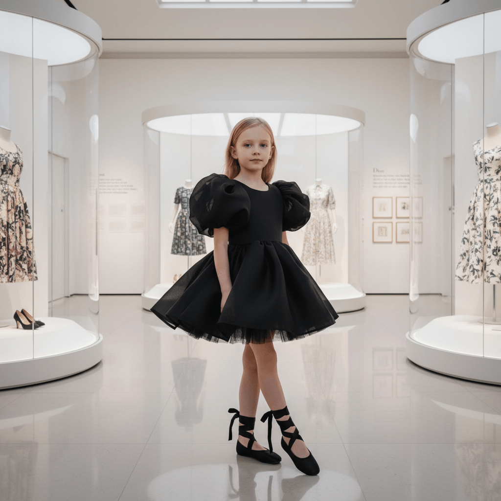 Young girl in a black dress standing in a modern museum exhibit with fashion displays.