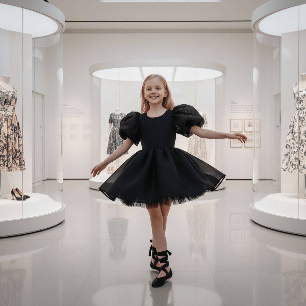 Young girl in a black dress standing in a modern, well-lit room with white walls and reflective floor.