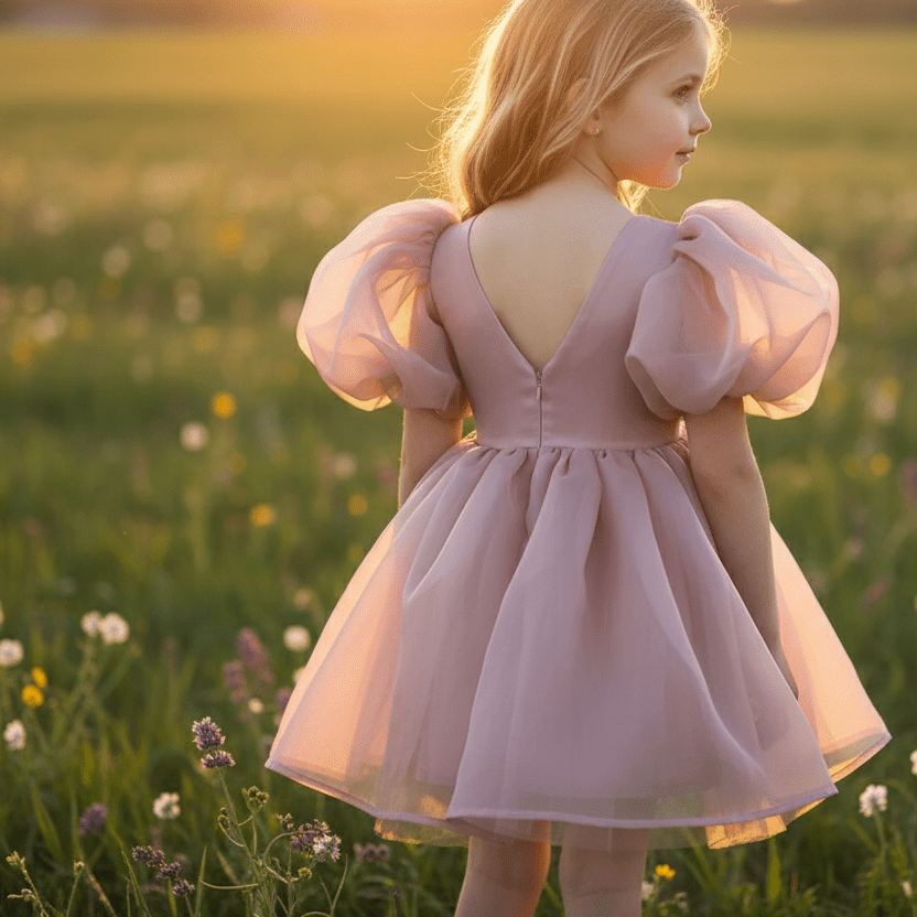 Young girl in a pink dress from DOLLY Le Petit Tom® standing in a field of flowers at sunset.