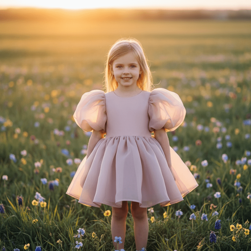 Young girl in a pink dress from DOLLY Le Petit Tom® standing in a field of flowers with a warm glow