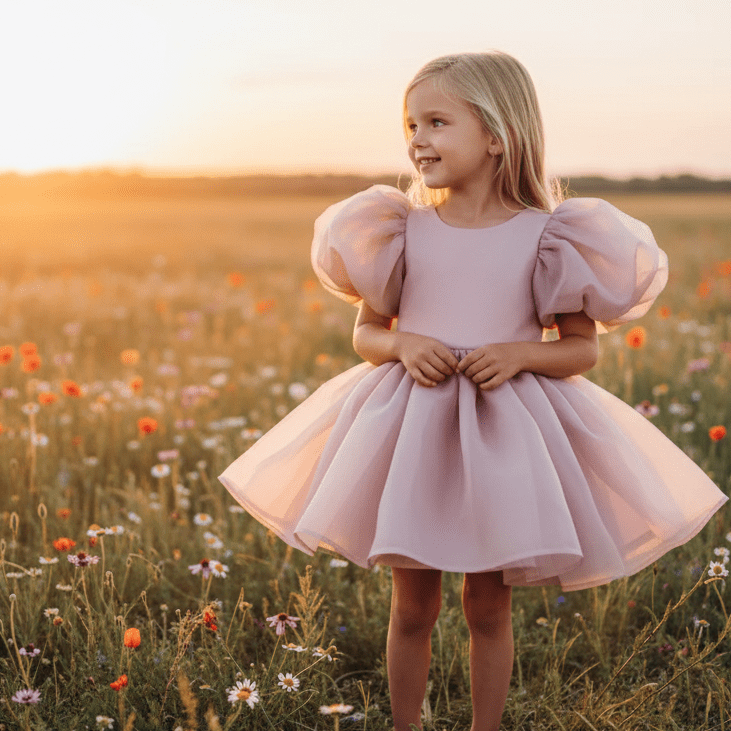 Young girl in a pink dress from DOLLY Le Petit Tom® standing in a field of flowers at sunset