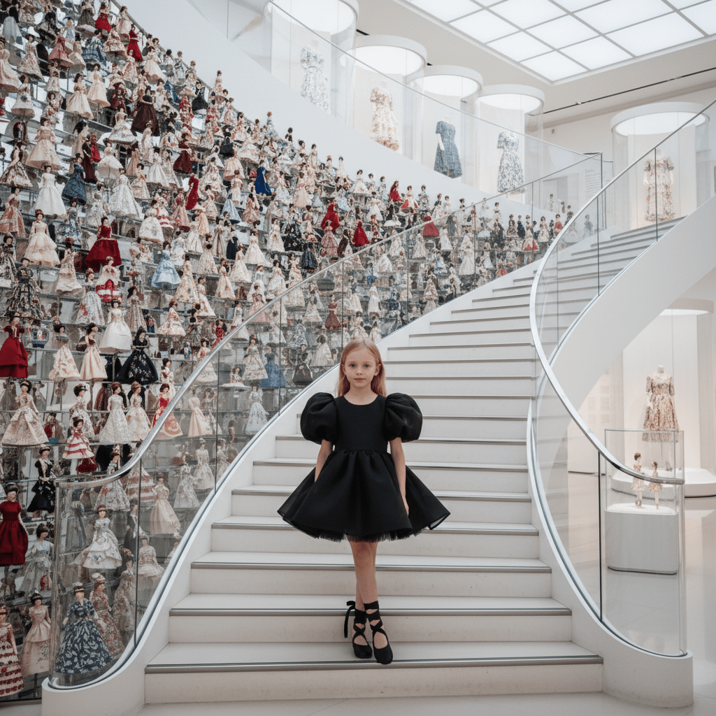 Woman in a black dress standing on a staircase with a collage of fashion images in the background