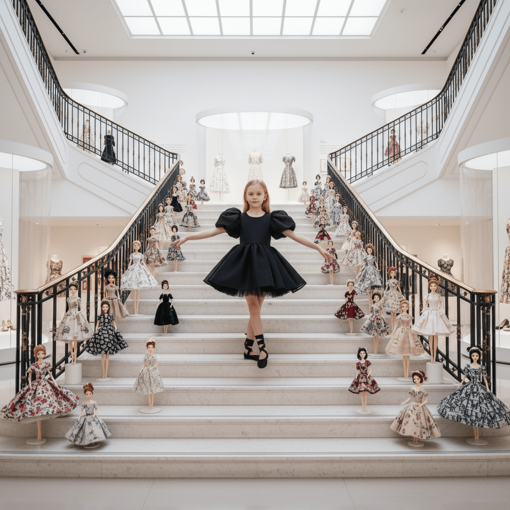 Woman in a black dress standing on a staircase with multiple dolls in dresses arranged around her.
