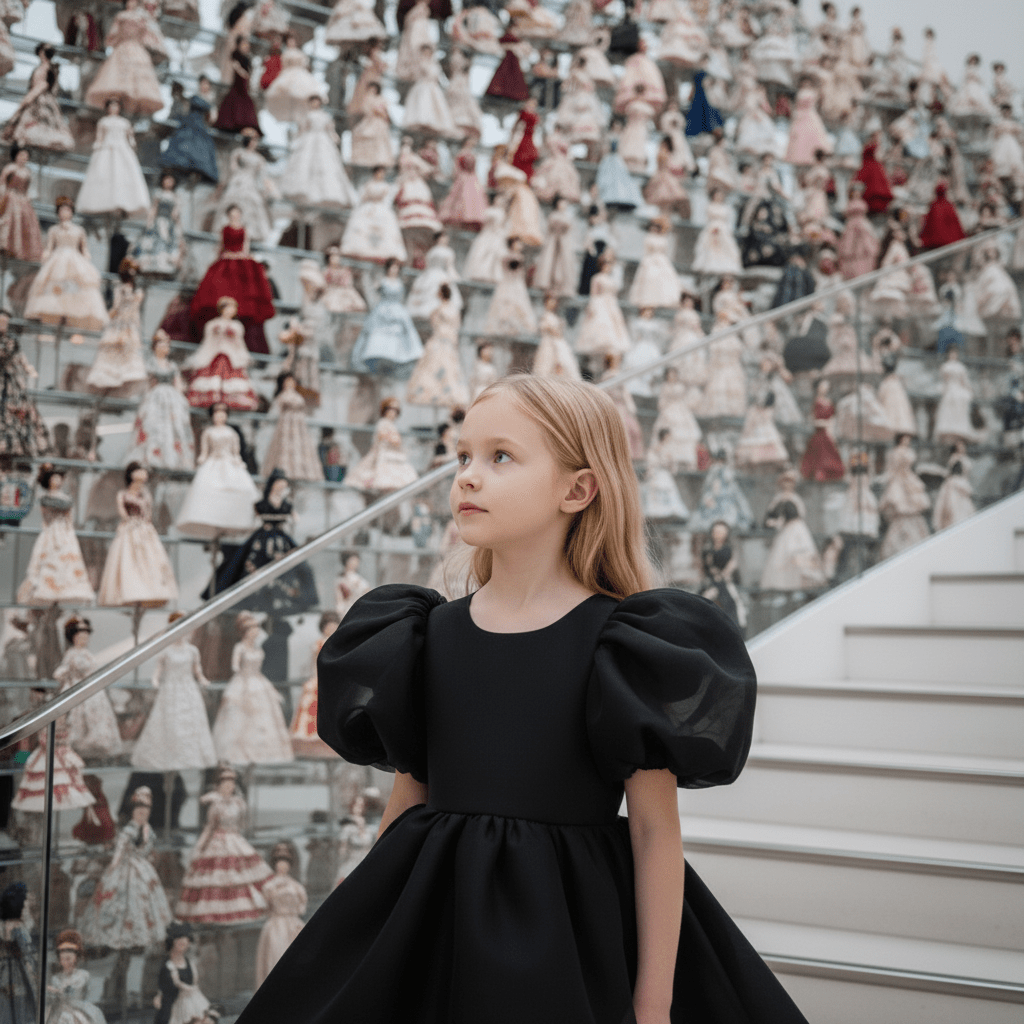 Young girl in a black dress standing in front of a wall with multiple images of herself in different dresses.