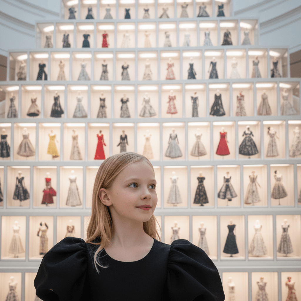 Woman standing in front of a wall displaying various dresses.