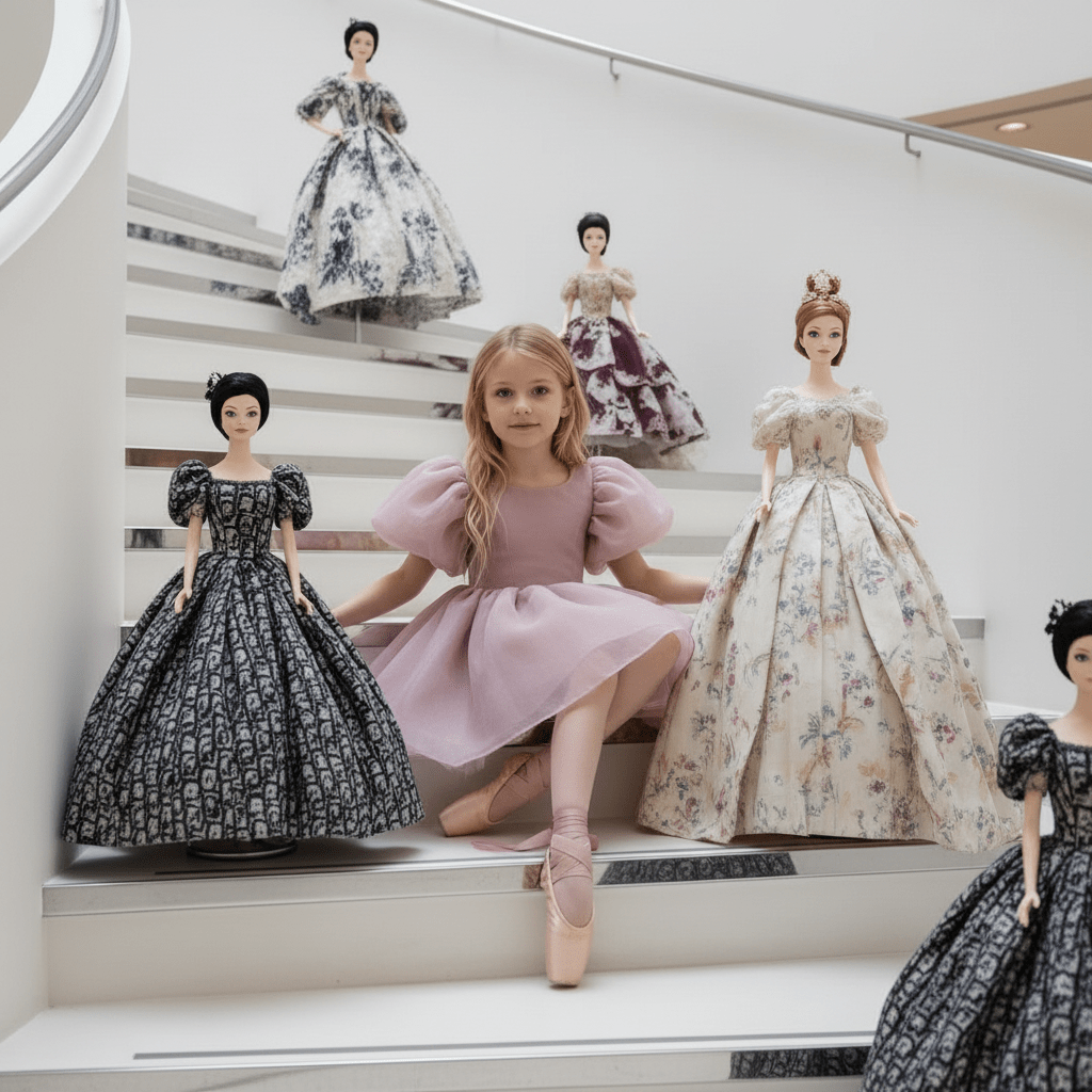 Young girl sitting on a staircase with life-sized dolls in elegant dresses.