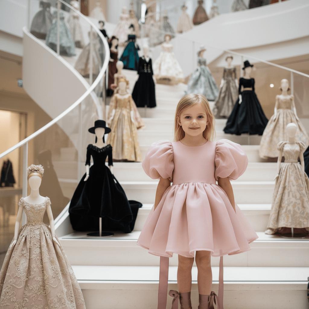 Young girl in a pink dress from DOLLY Le Petit Tom® standing on a staircase surrounded by mannequins wearing various dresses.