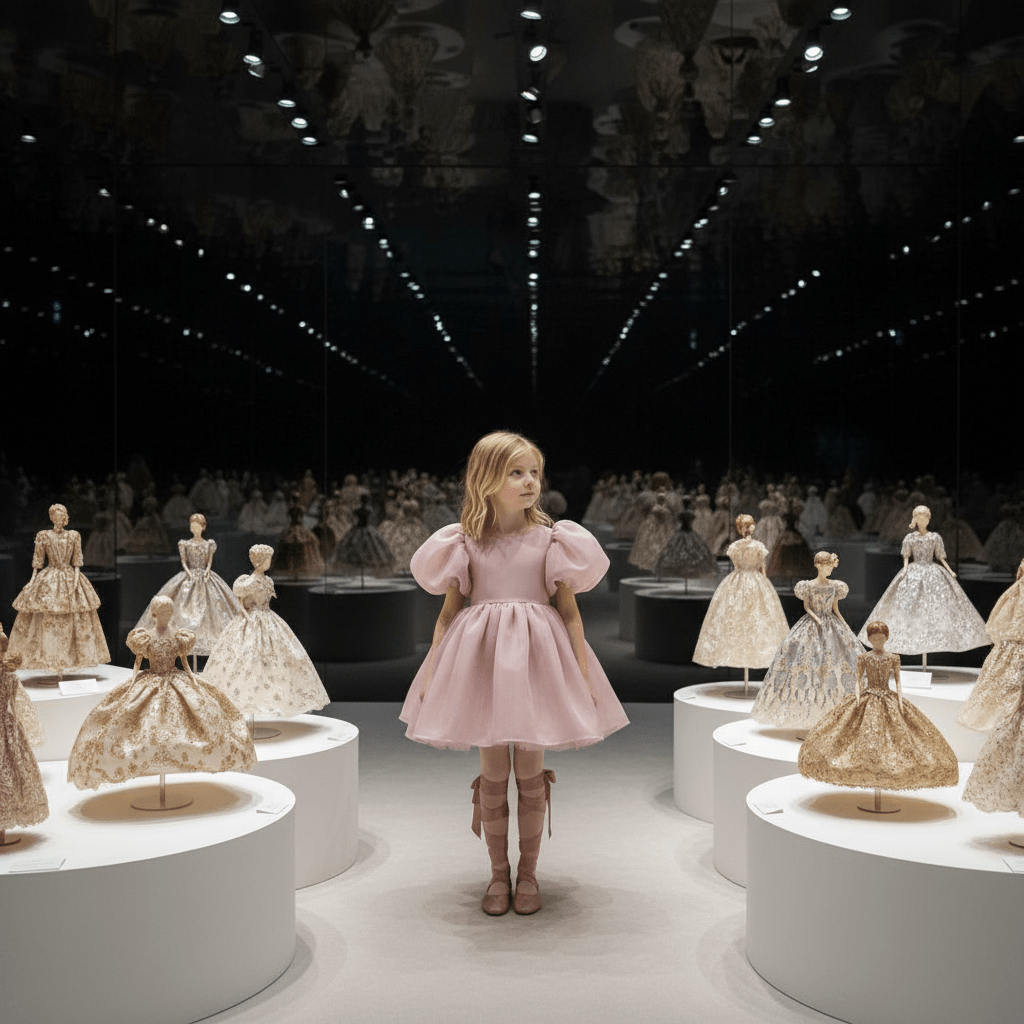 Display of miniature dresses with a central figure in a pink dress from DOLLY Le Petit Tom®