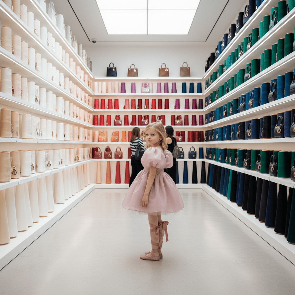 Young girl in a pink dress from DOLLY Le Petit Tom® standing in a room filled with shelves of colorful handbags.