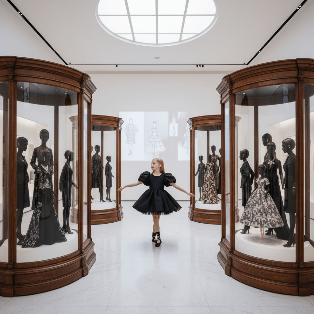 Woman in a black dress standing between glass display cases with mannequins in an elegant setting.