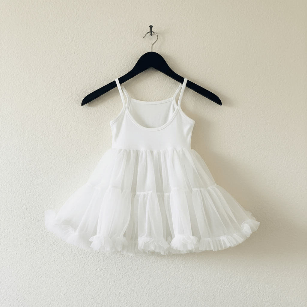 White dress on a hanger against a plain background