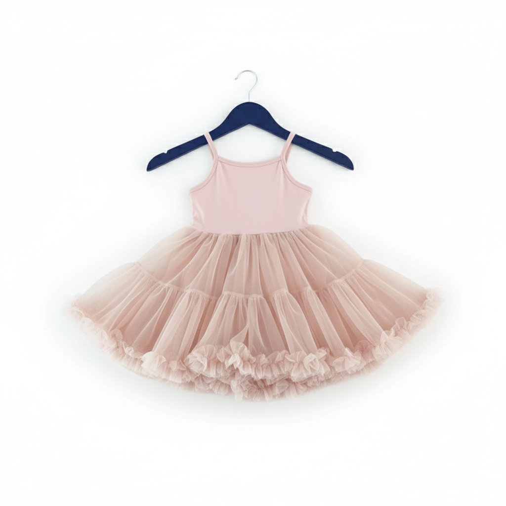Pink tutu dress on a hanger against a white background