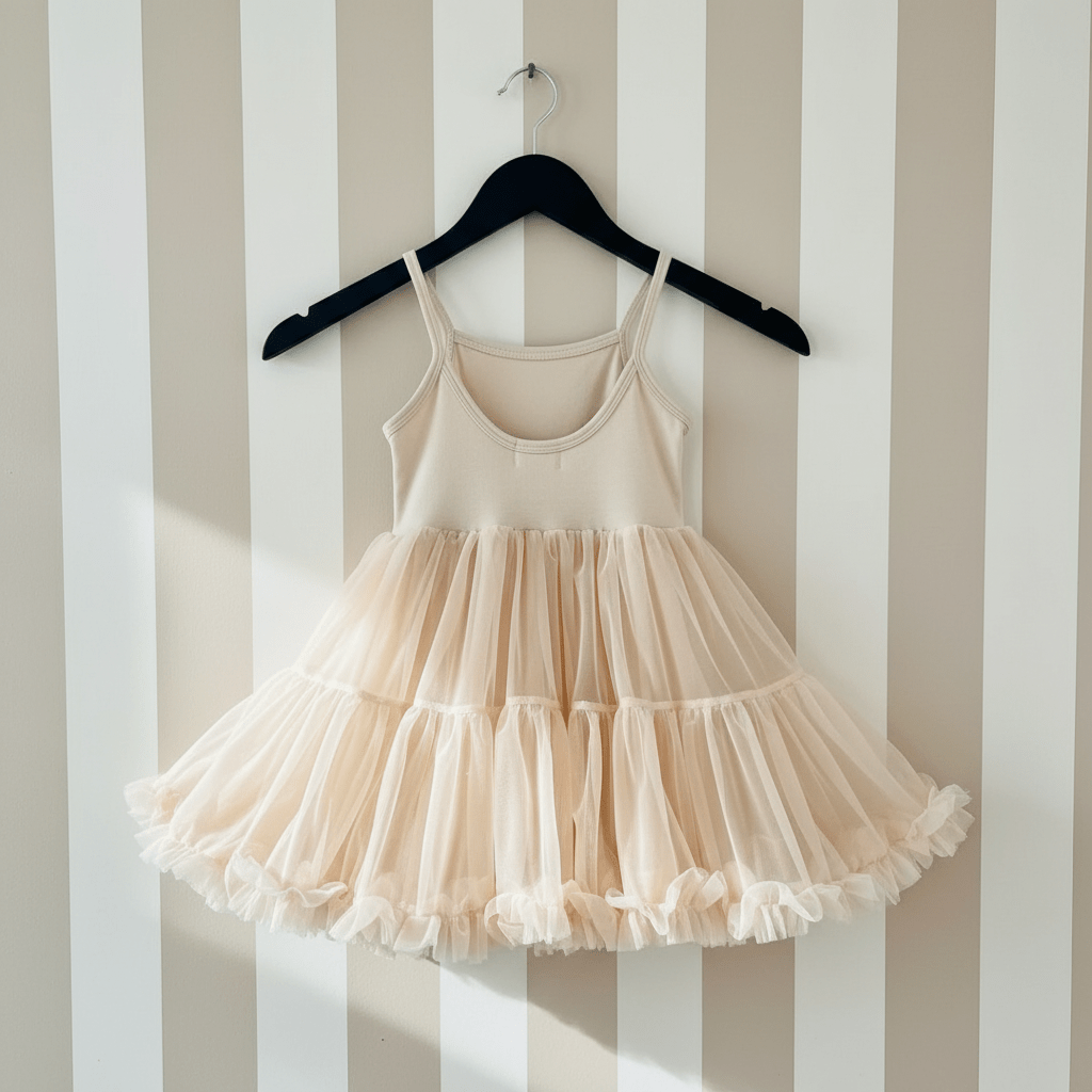 Beige tulle dress on a black hanger against a striped wall.