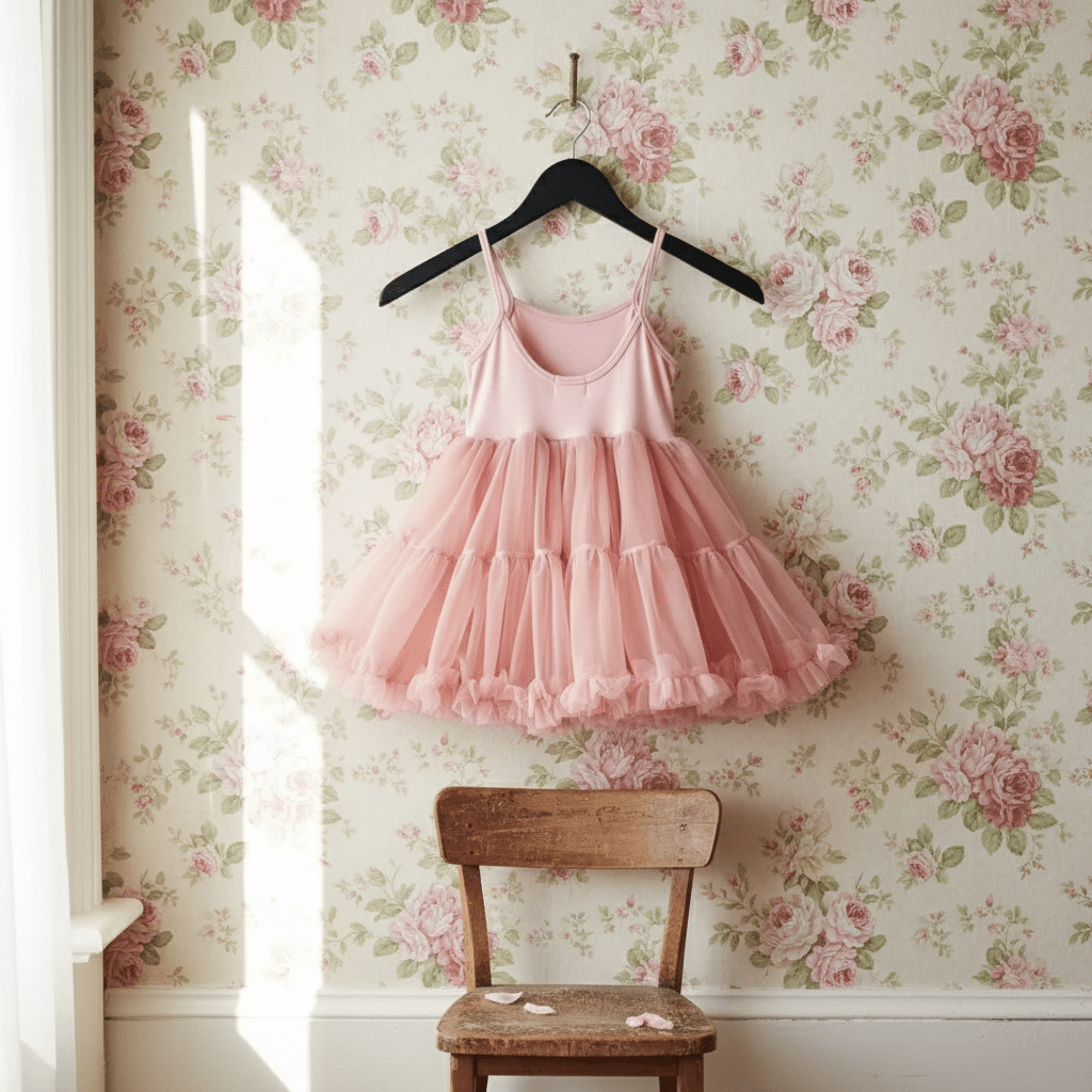 Pink dress hanging on a floral wallpapered wall with a wooden chair below.