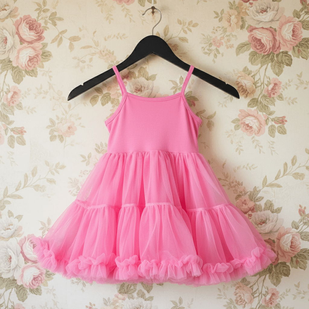 Pink dress on a hanger against a floral wallpaper background