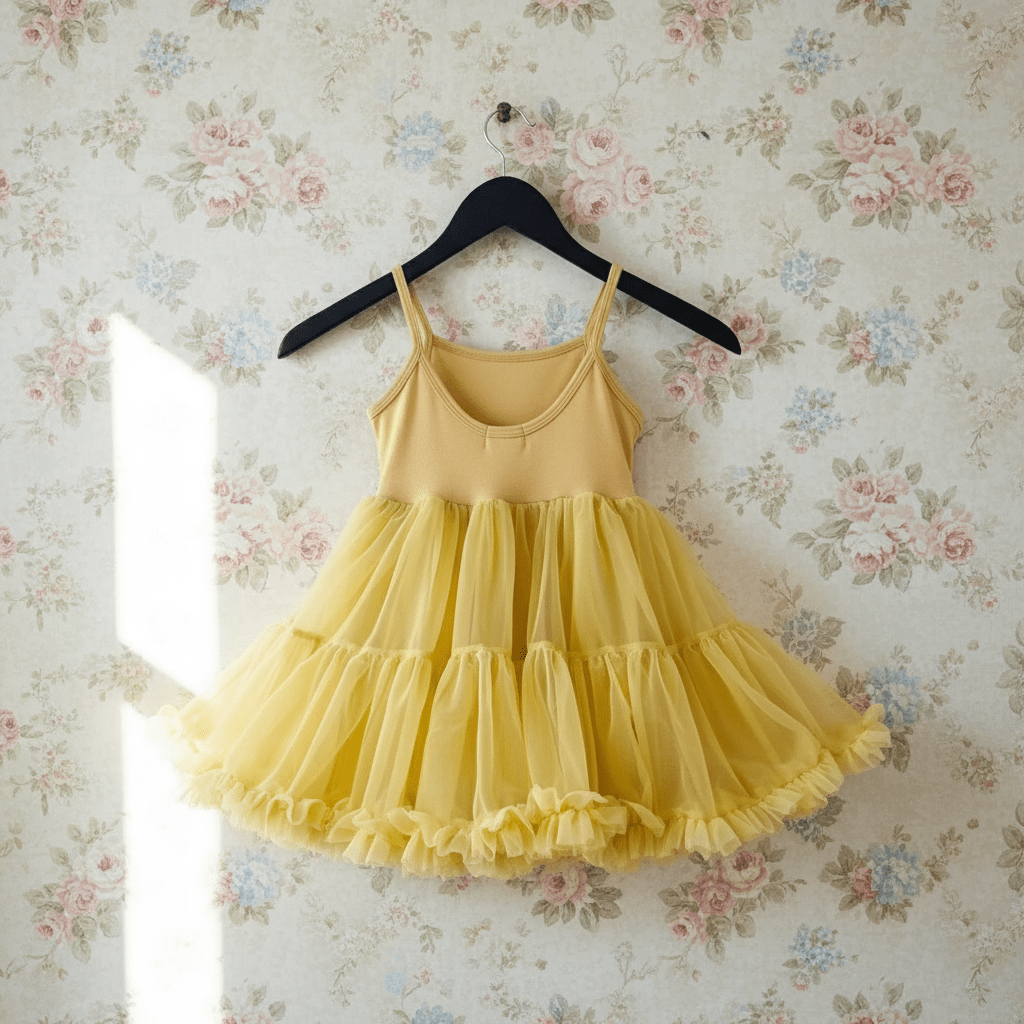 Yellow dress on a hanger against a floral wallpaper background