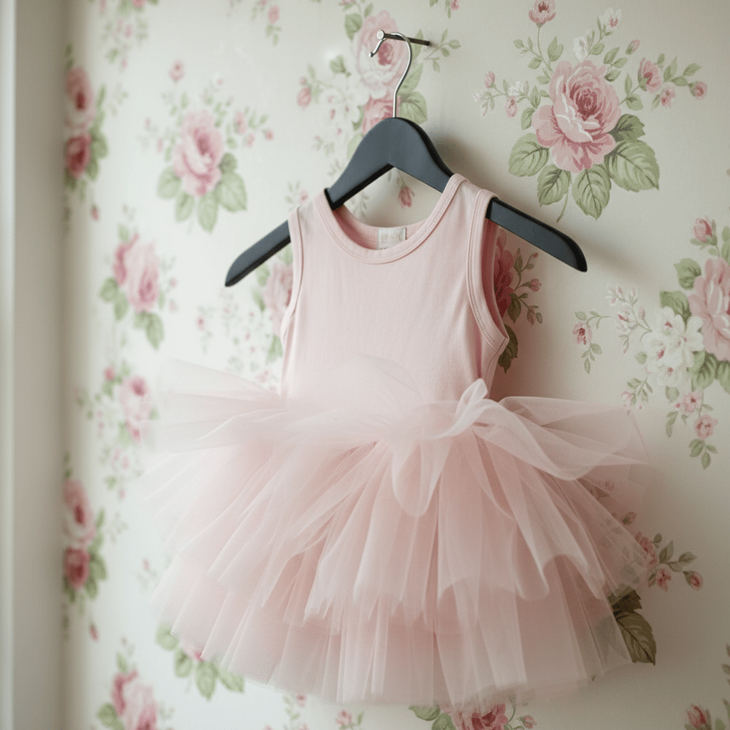 Pink tutu dress on a hanger against a floral wallpaper background