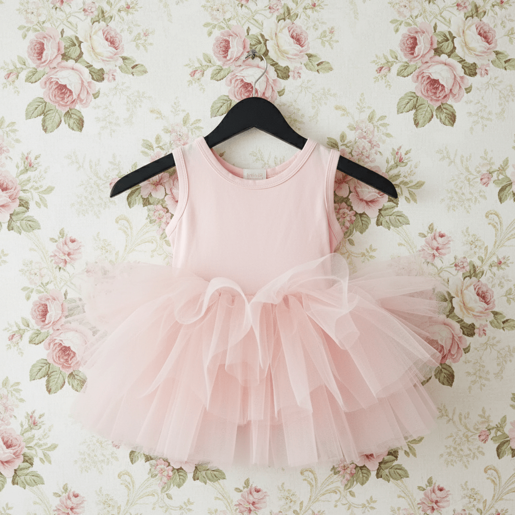 Pink tutu dress on a hanger against a floral wallpaper background